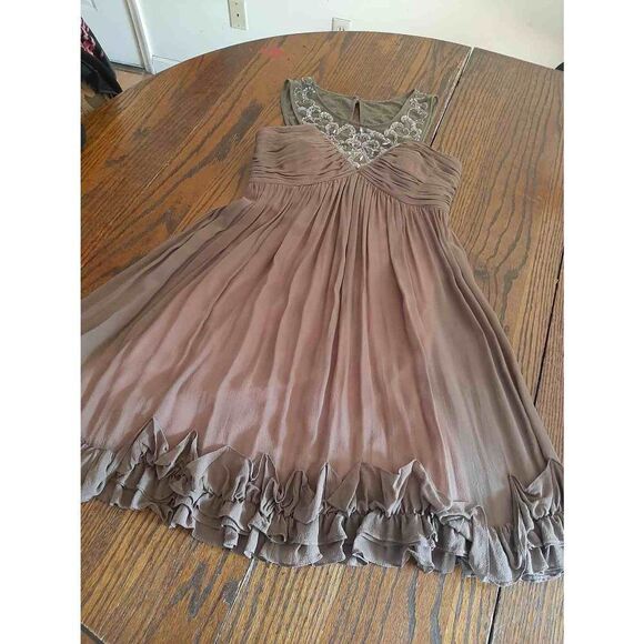 Size 2 Decode Brown Peach Ruffled Hem Rhinestone Mini Dress Christmas New Years - Picture 5 of 10